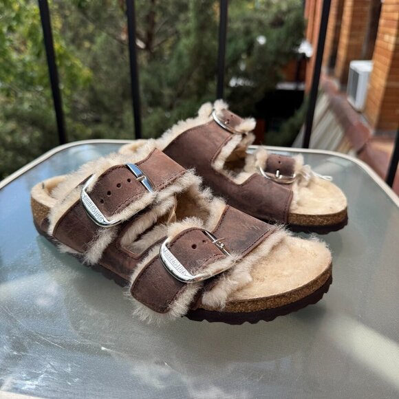 New Birkenstock Arizona Big Buckle Shearling Sandals Leather Brown US 8 / EUR 39 - Picture 11 of 14